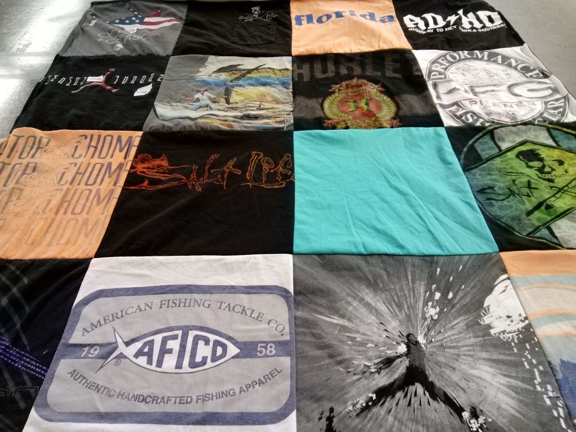 T-shirt quilt with fishing, outdoors themes by Roselen from FL