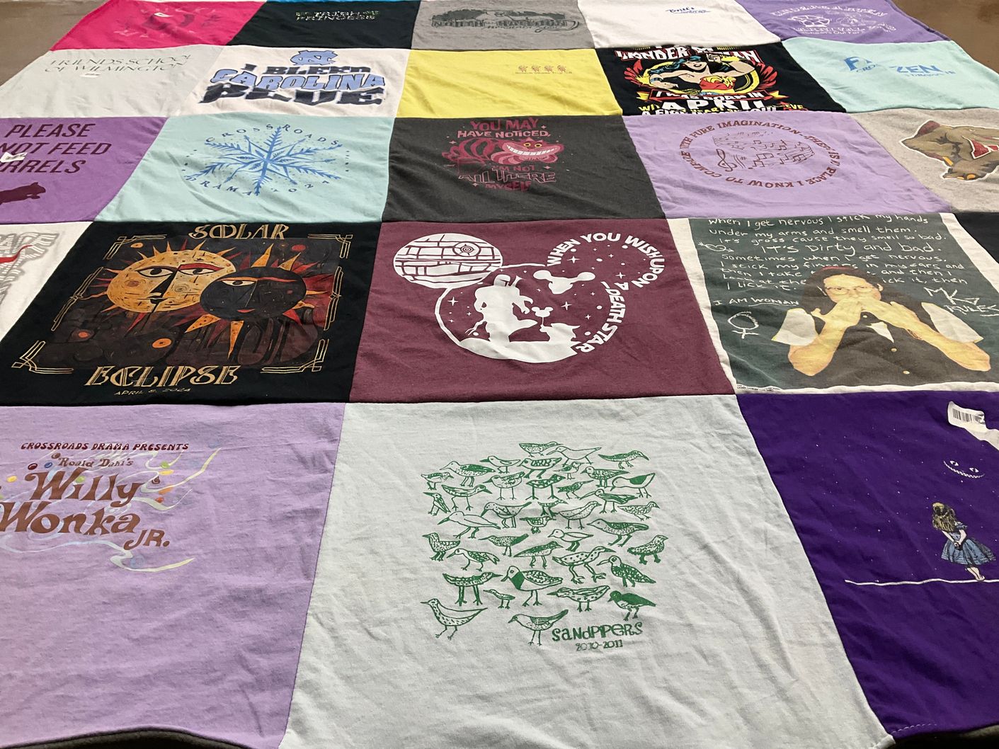 T-shirt quilt with theater, performing arts themes by Kyri from NJ