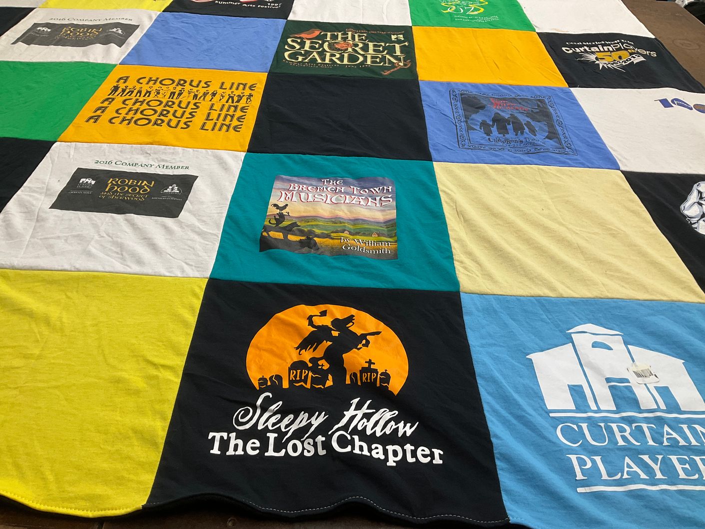 T-shirt quilt with theater, musicals themes by Mary from OH