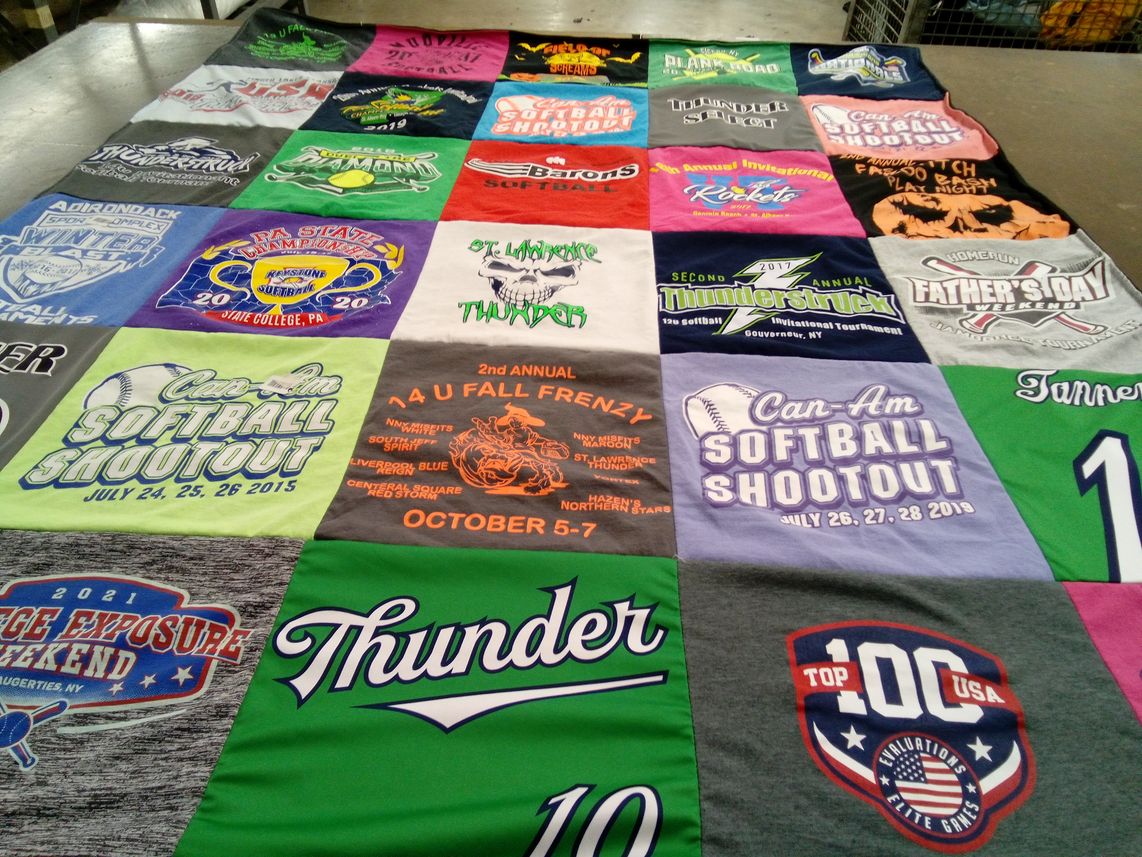 T-shirt quilt with softball, sports themes by Teri from NY