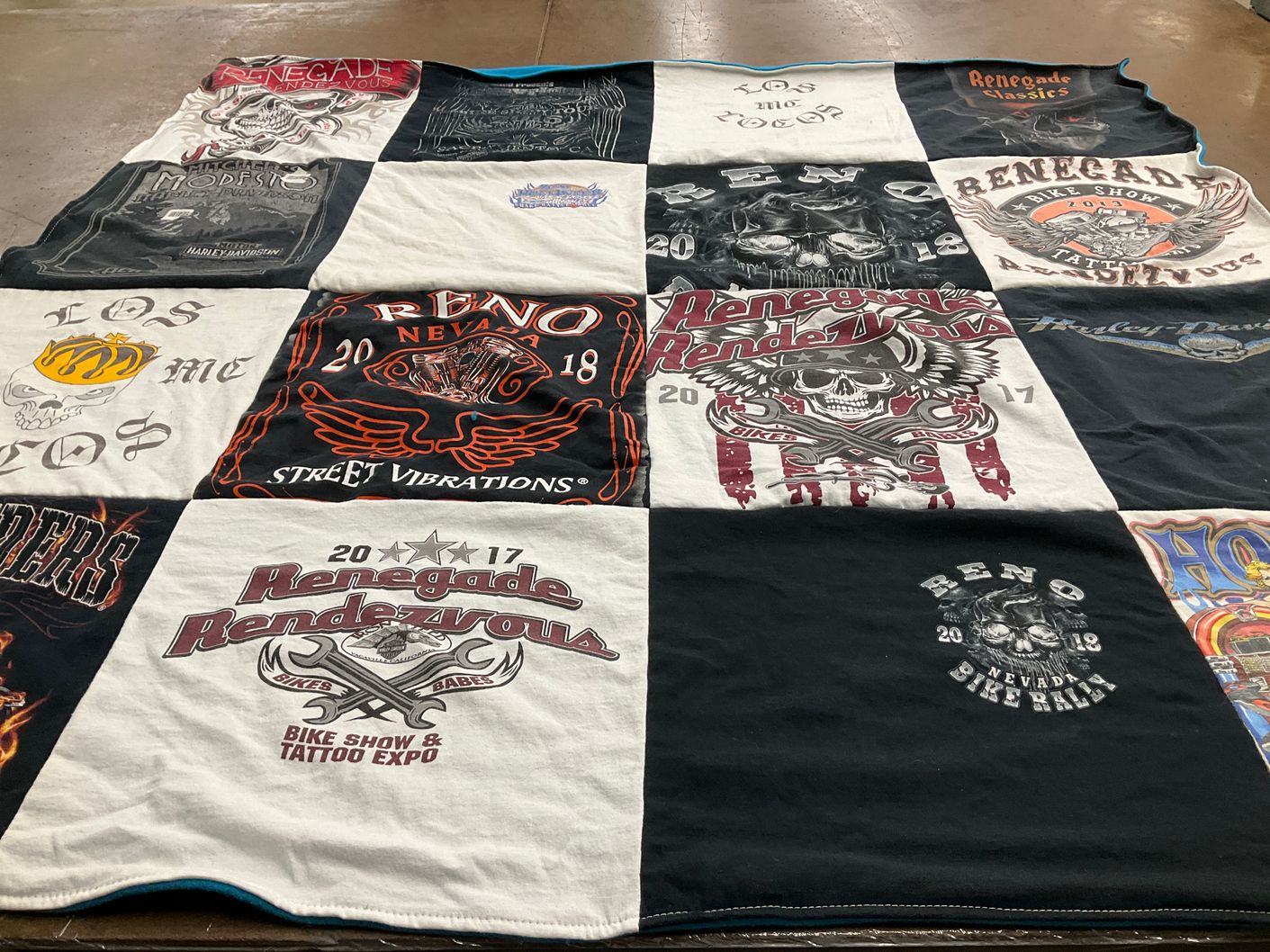 T-shirt quilt with motorcycle, tattoos themes by Karen from CA