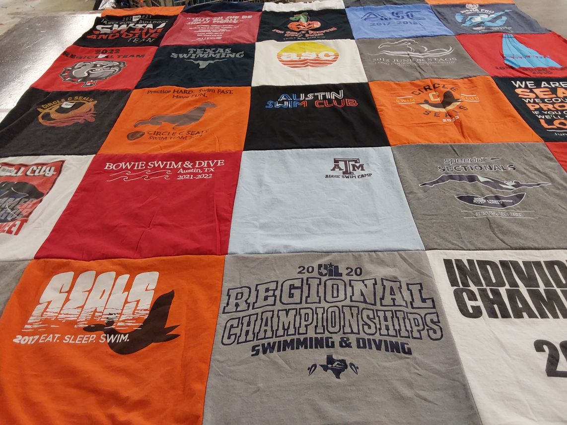 T-shirt quilt featuring austin swim club, circle c seals by Misty from TX