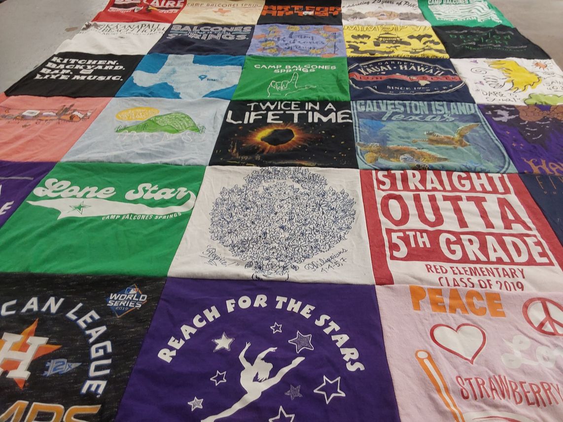 T-shirt quilt with camping, music themes by Tina from TX