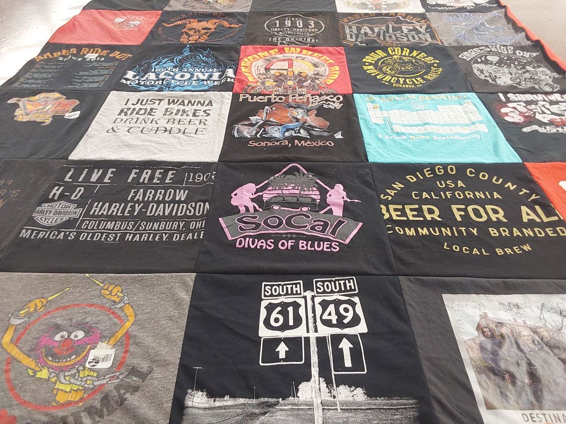 T-shirt quilt with motorcycles, brewing themes by Martina from CA