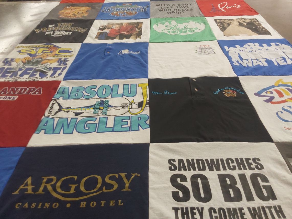 T-shirt quilt with fishing, gambling themes by Pam from KY