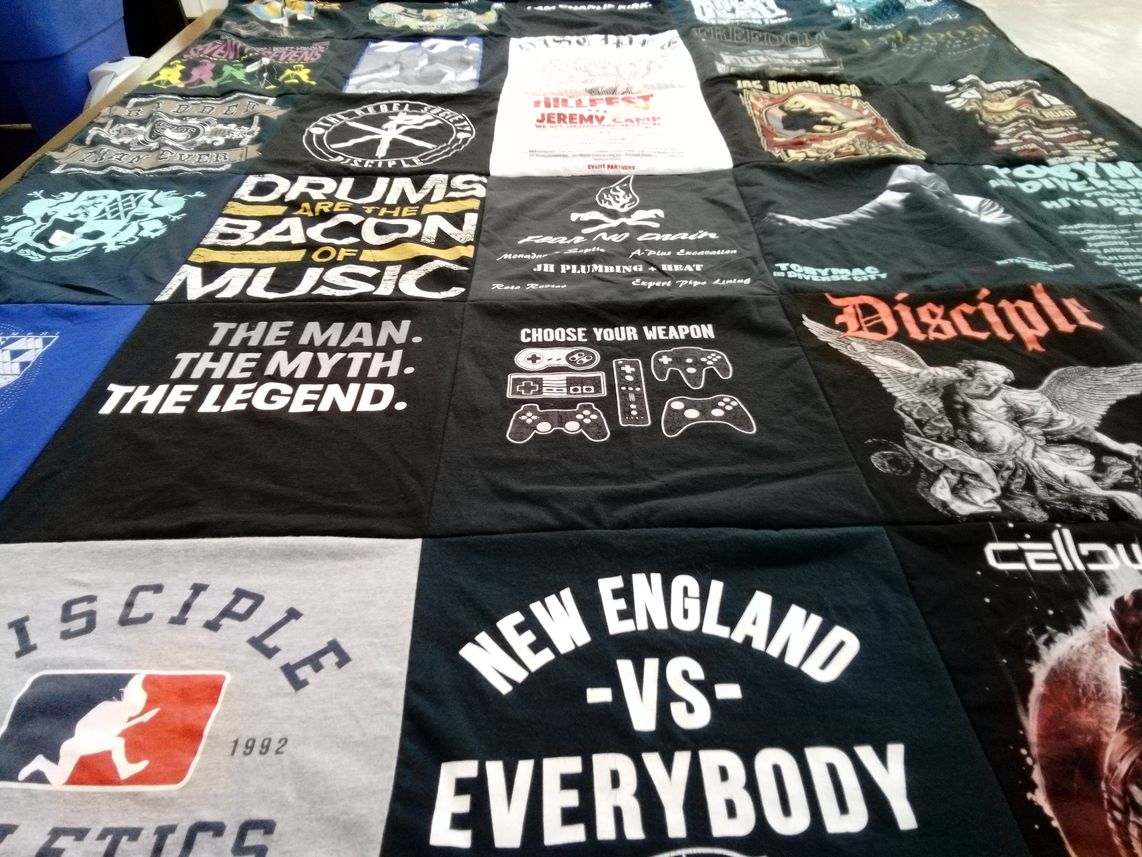 T-shirt quilt with music, gaming themes by Jeremy from VT