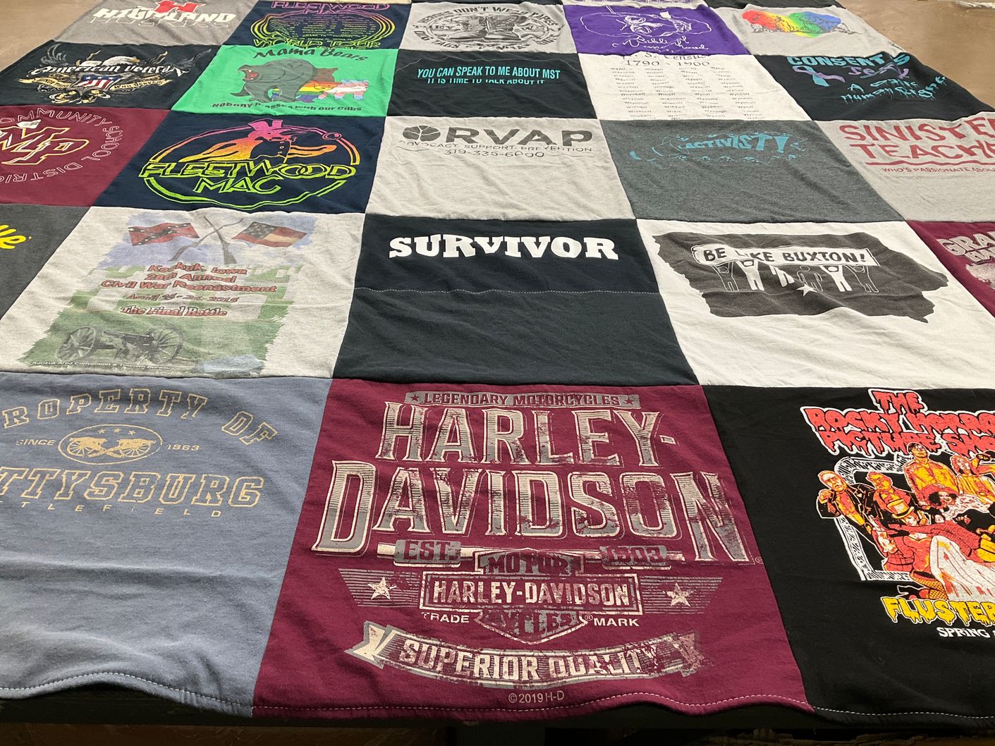 T-shirt quilt with music, motorcycles themes by Barb from IA