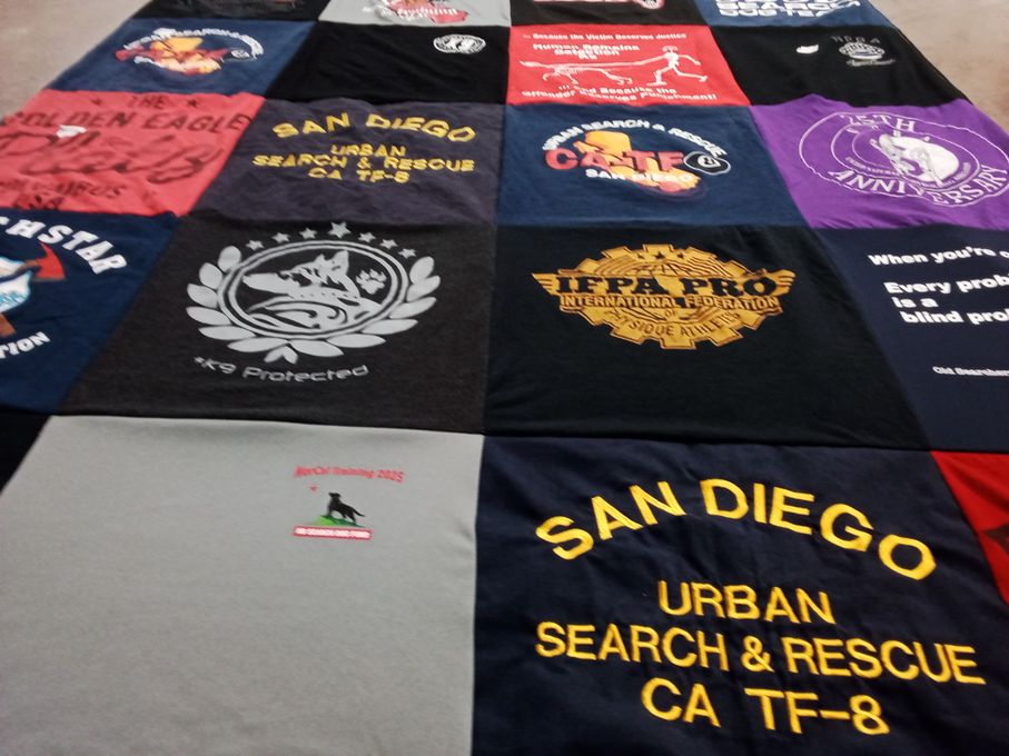 T-shirt quilt with k9, search and rescue themes by Giulia from CA