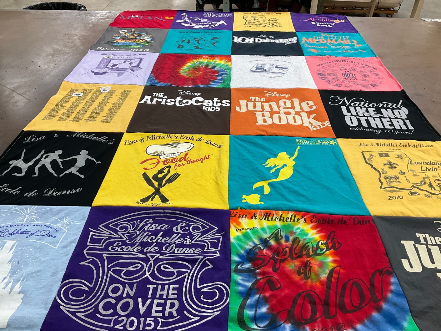 T-shirt quilt with theater, dance themes by Charlotte from LA