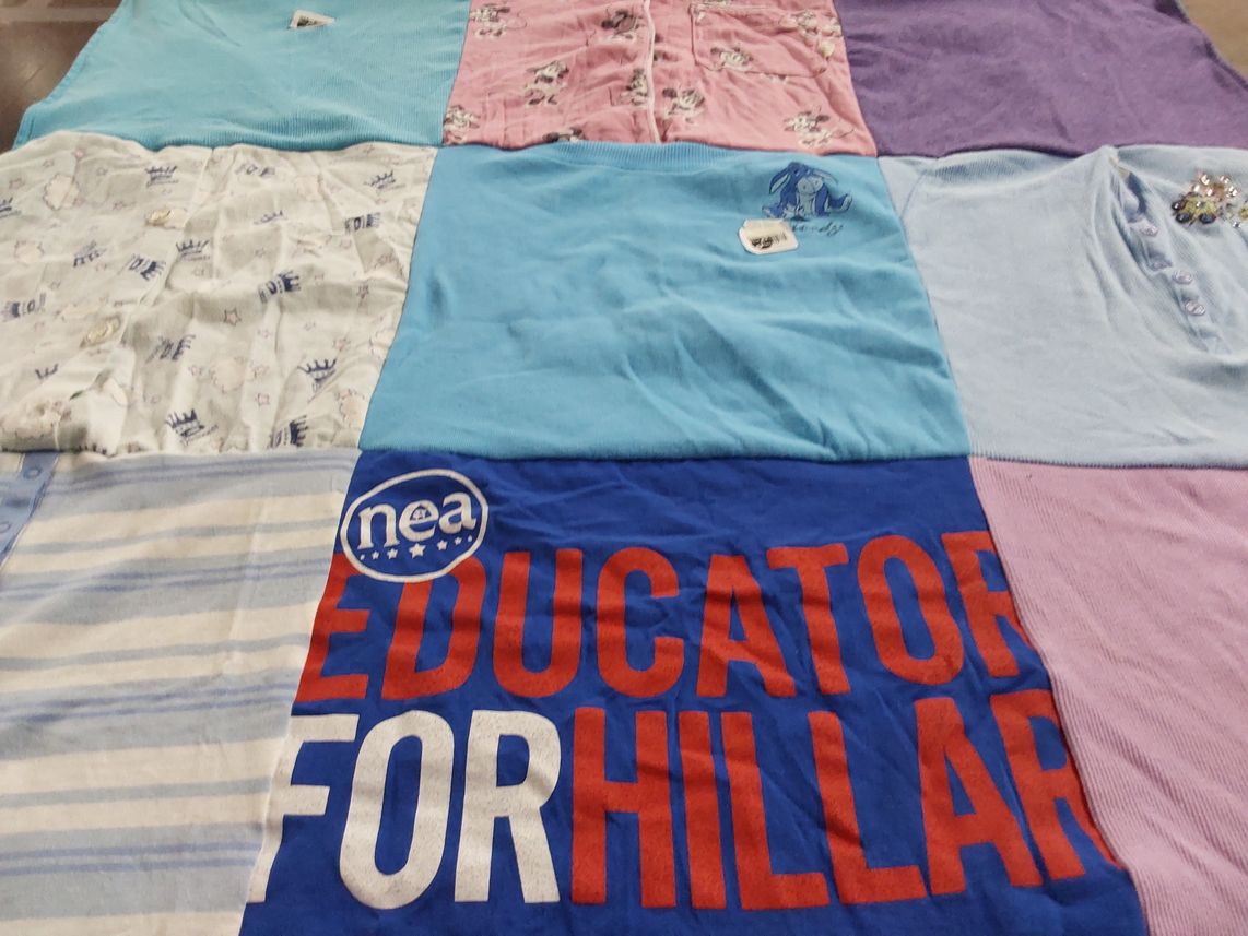 T-shirt quilt with education, politics themes by Evelyn from PA