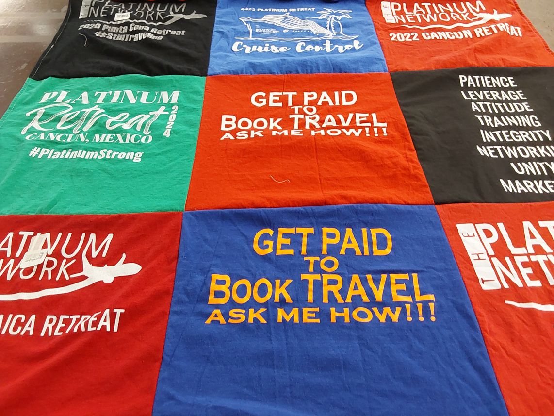 T-shirt quilt with travel, networking themes by LaRhonda from MD