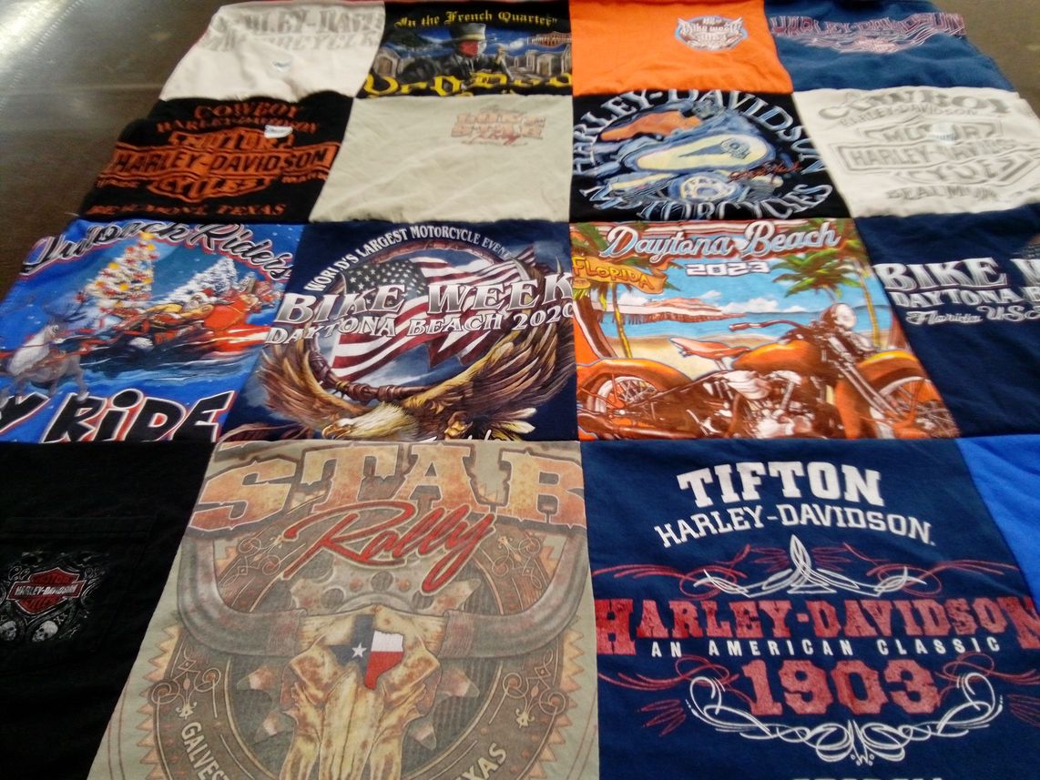 T-shirt quilt with motorcycling, biking themes by David from TX