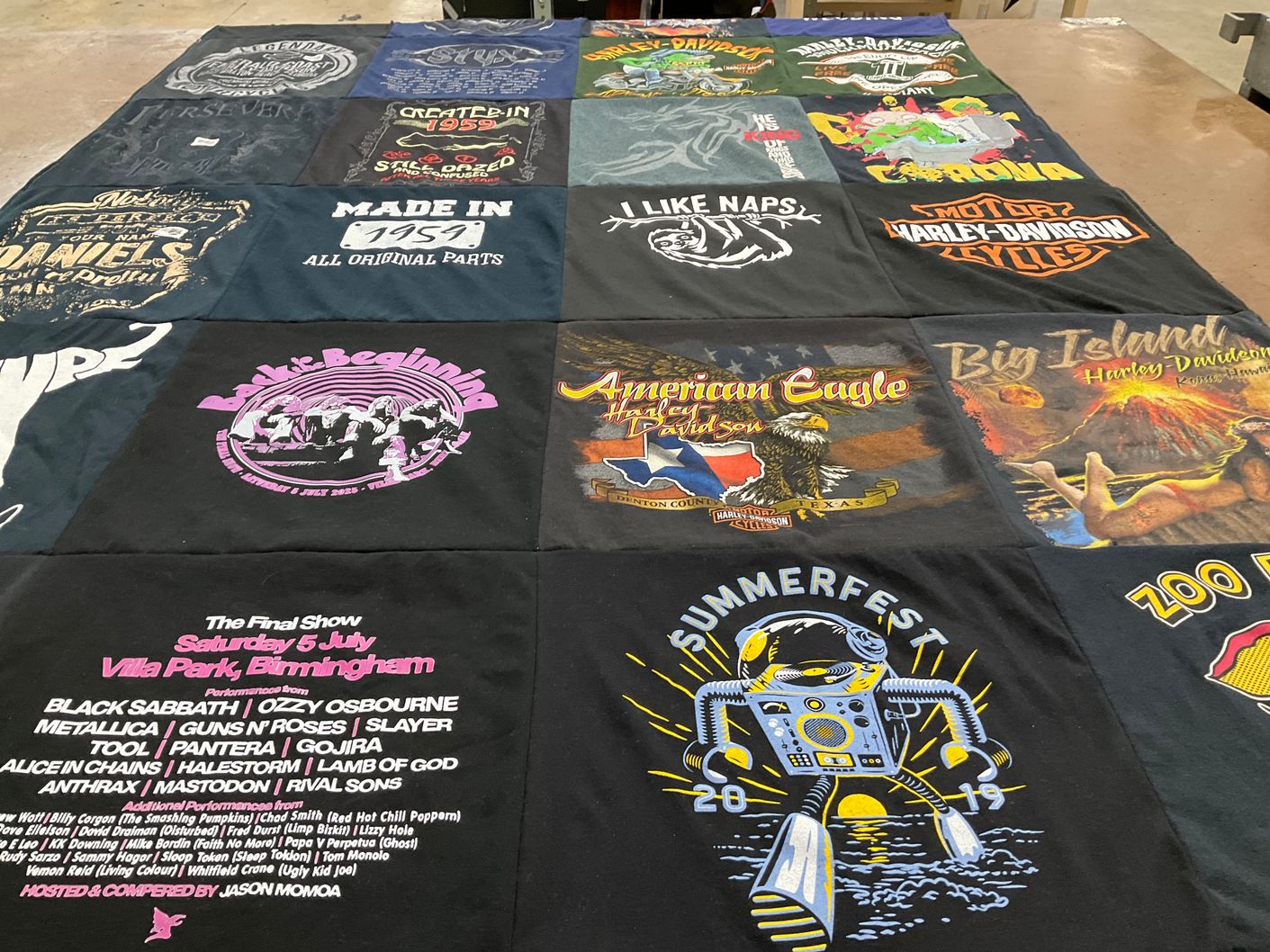 T-shirt quilt with rock music, motorcycles themes by Jerry from TX
