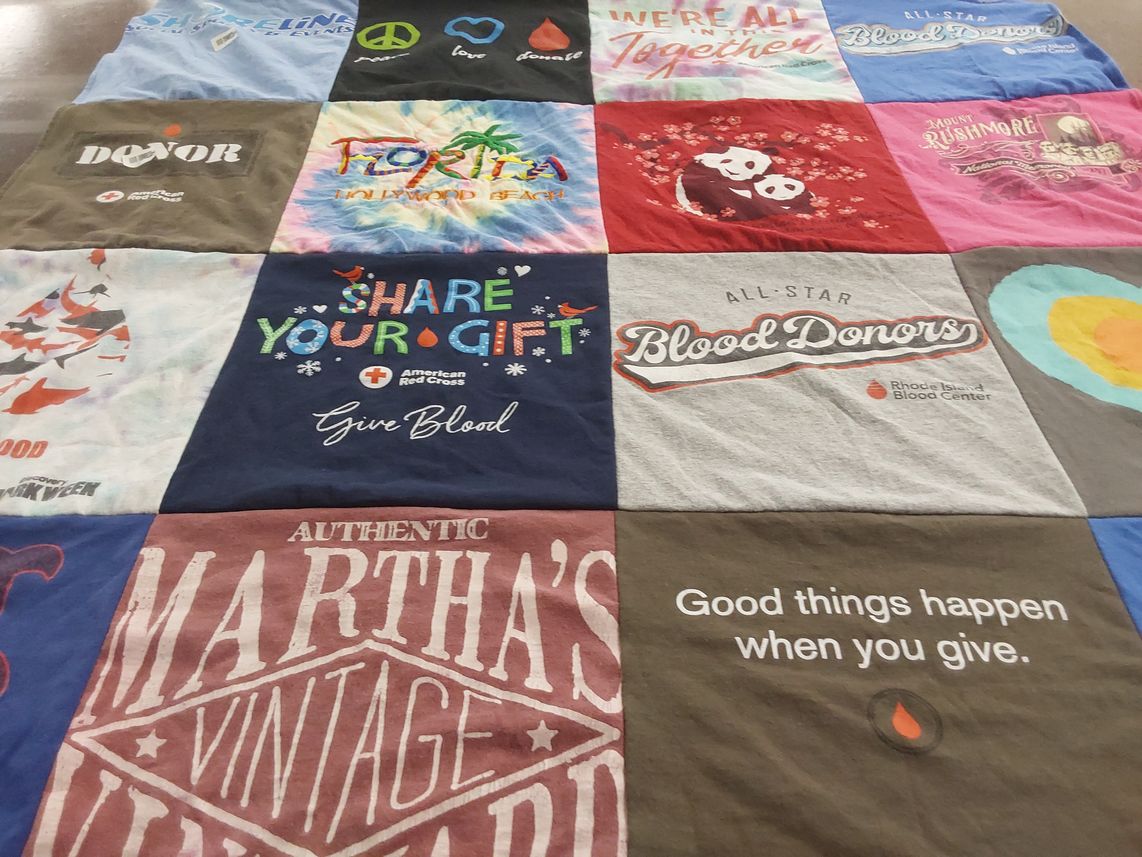 T-shirt quilt with blood donation, volunteering themes by Amy from NY