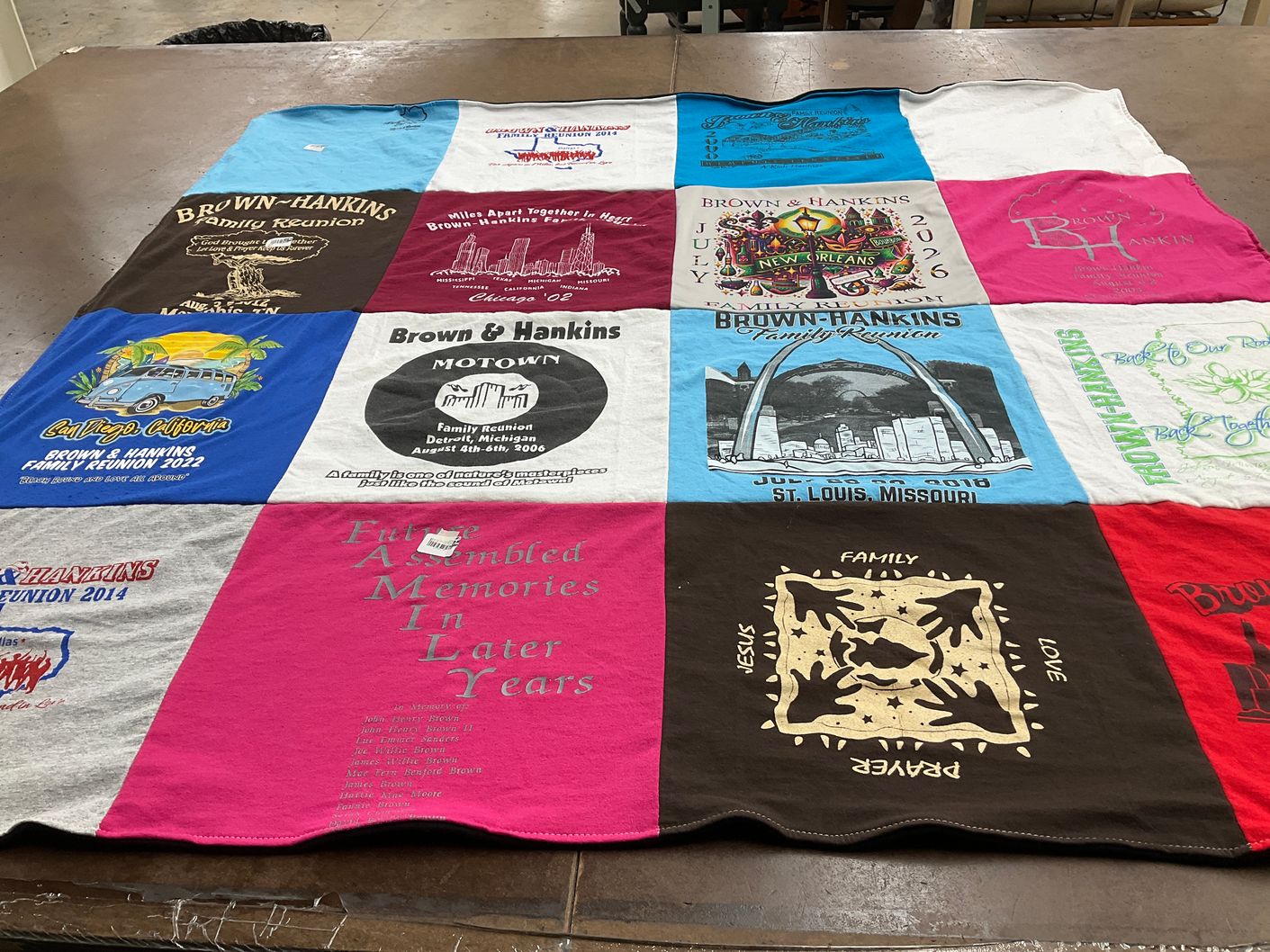 T-shirt quilt with family reunions, travel themes by Tamika from MI