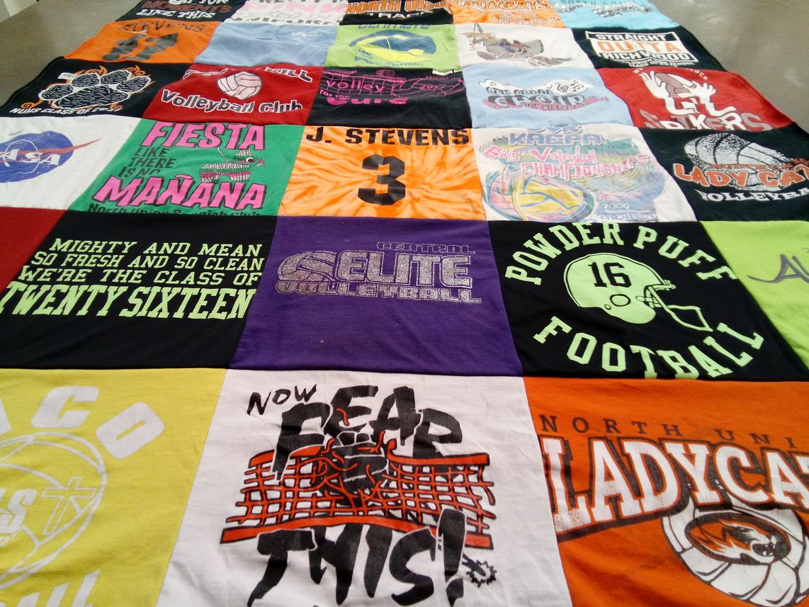 T-shirt quilt featuring north union ladycats by Sandy from OH