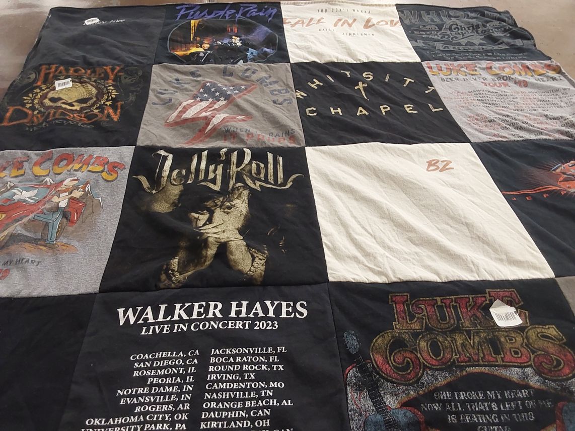 T-shirt quilt with music, concerts themes by Christine from AL