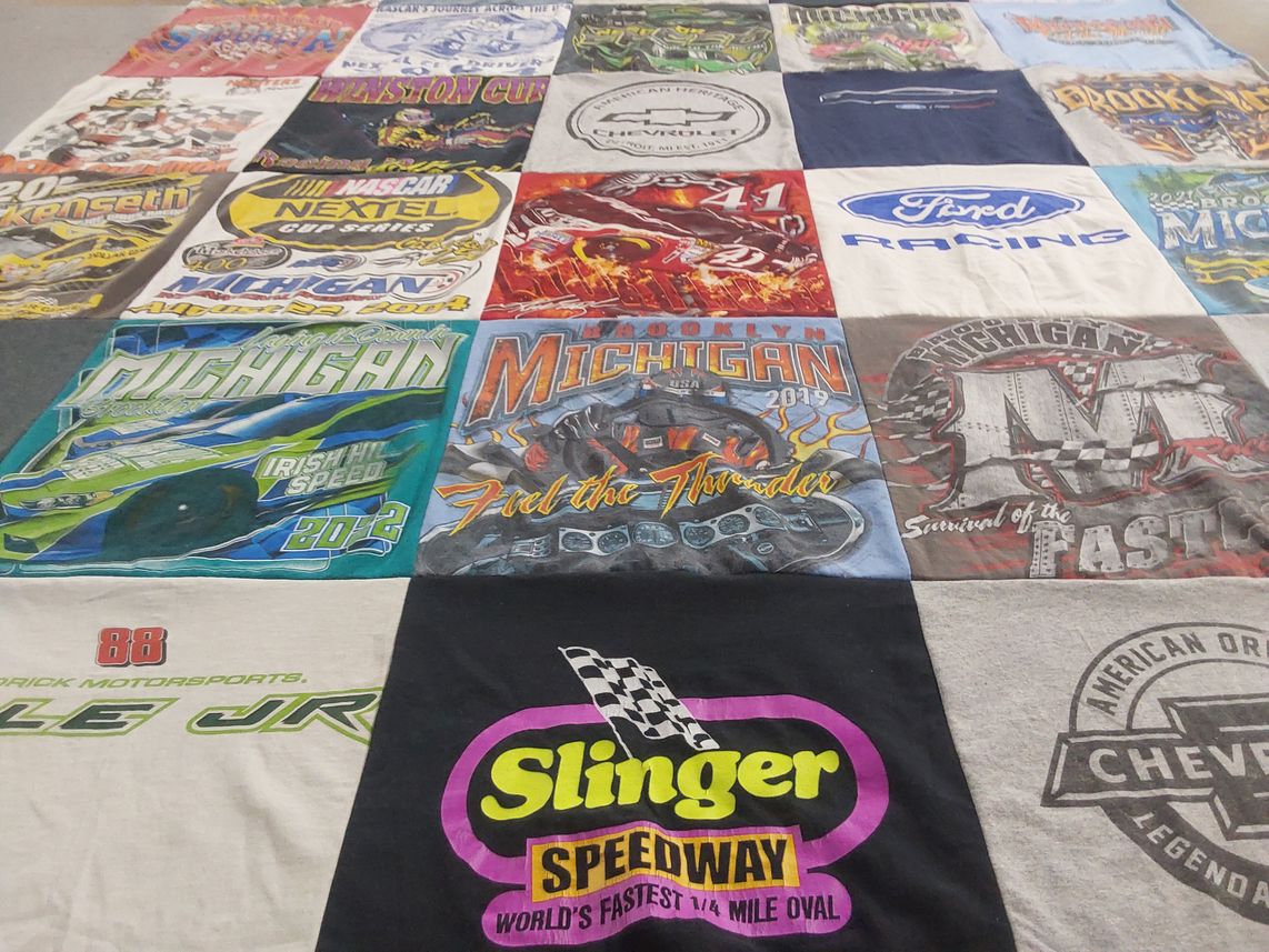 T-shirt quilt with auto racing, motorsports themes by Jeanna from WI