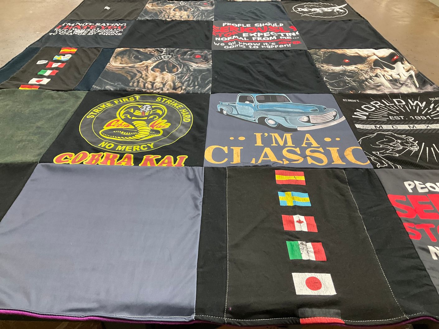 T-shirt quilt with martial arts, classic cars themes by Cynthia from AZ