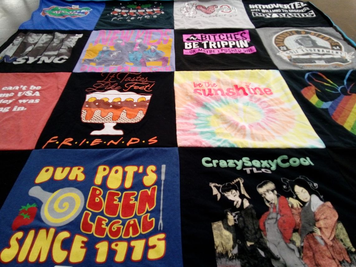 T-shirt quilt with music, tv shows themes by Kelly from OH