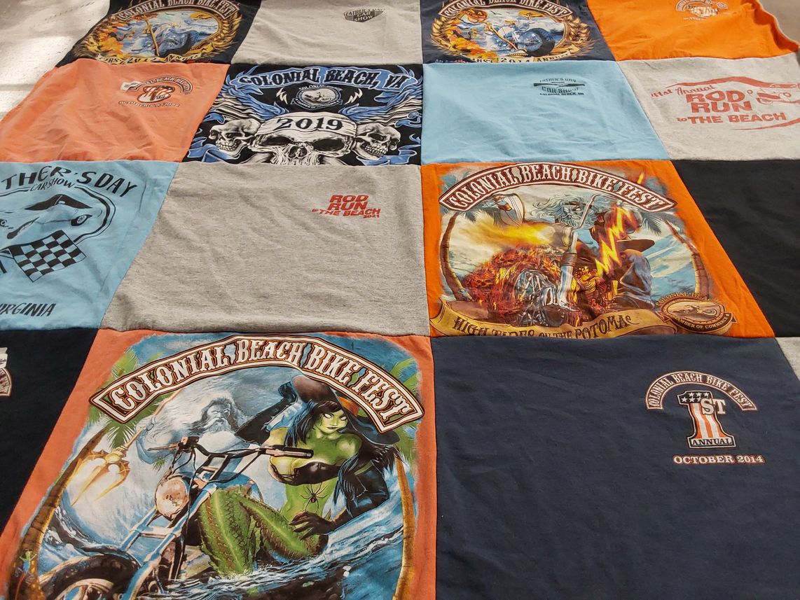 T-shirt quilt with motorcycling, biking themes by Sandy from VA