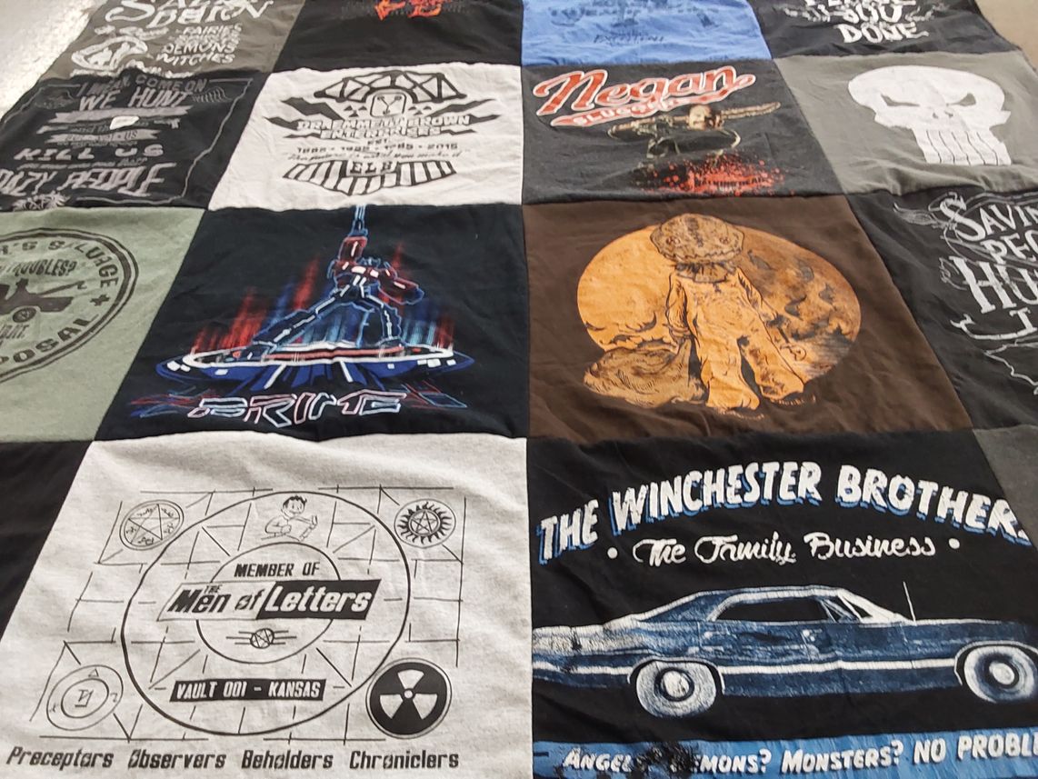 T-shirt quilt with supernatural, horror themes by Laura from PA