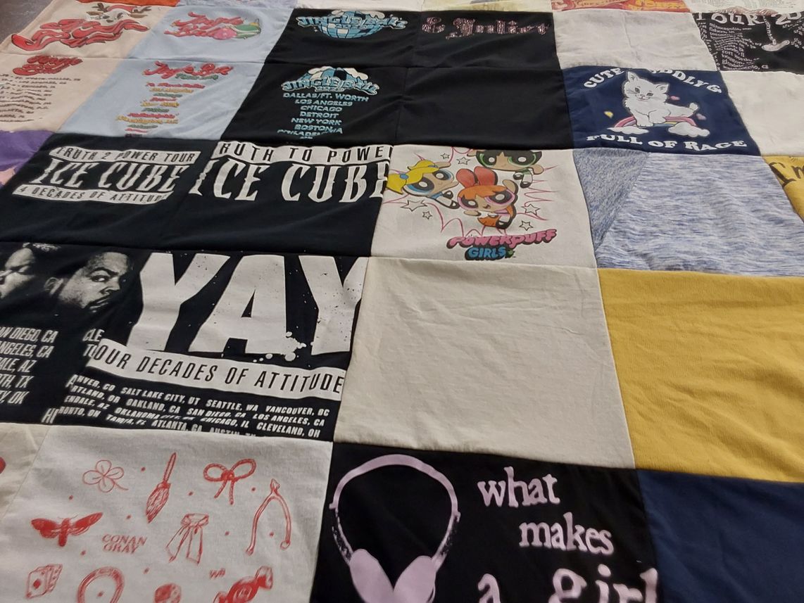 T-shirt quilt with music, cartoons themes by Courtney from TX
