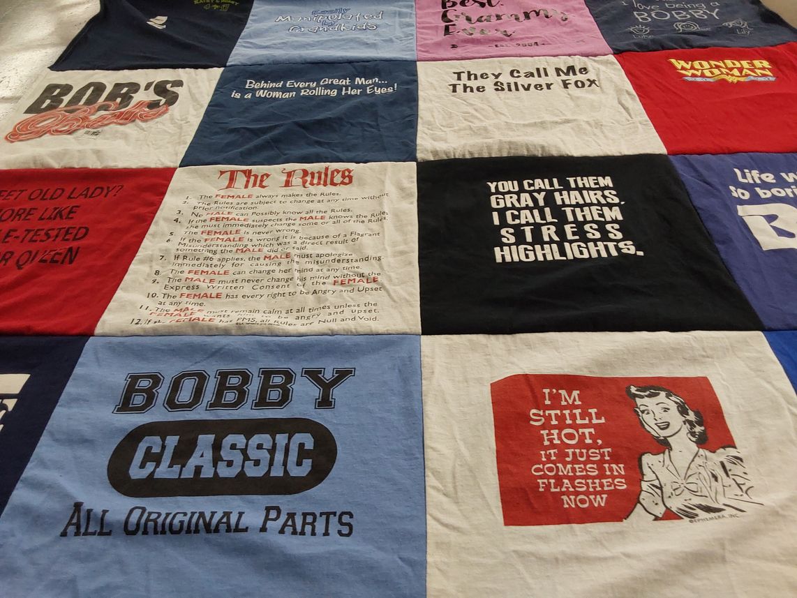 T-shirt quilt with humor, quotations themes by Kathleen from NJ
