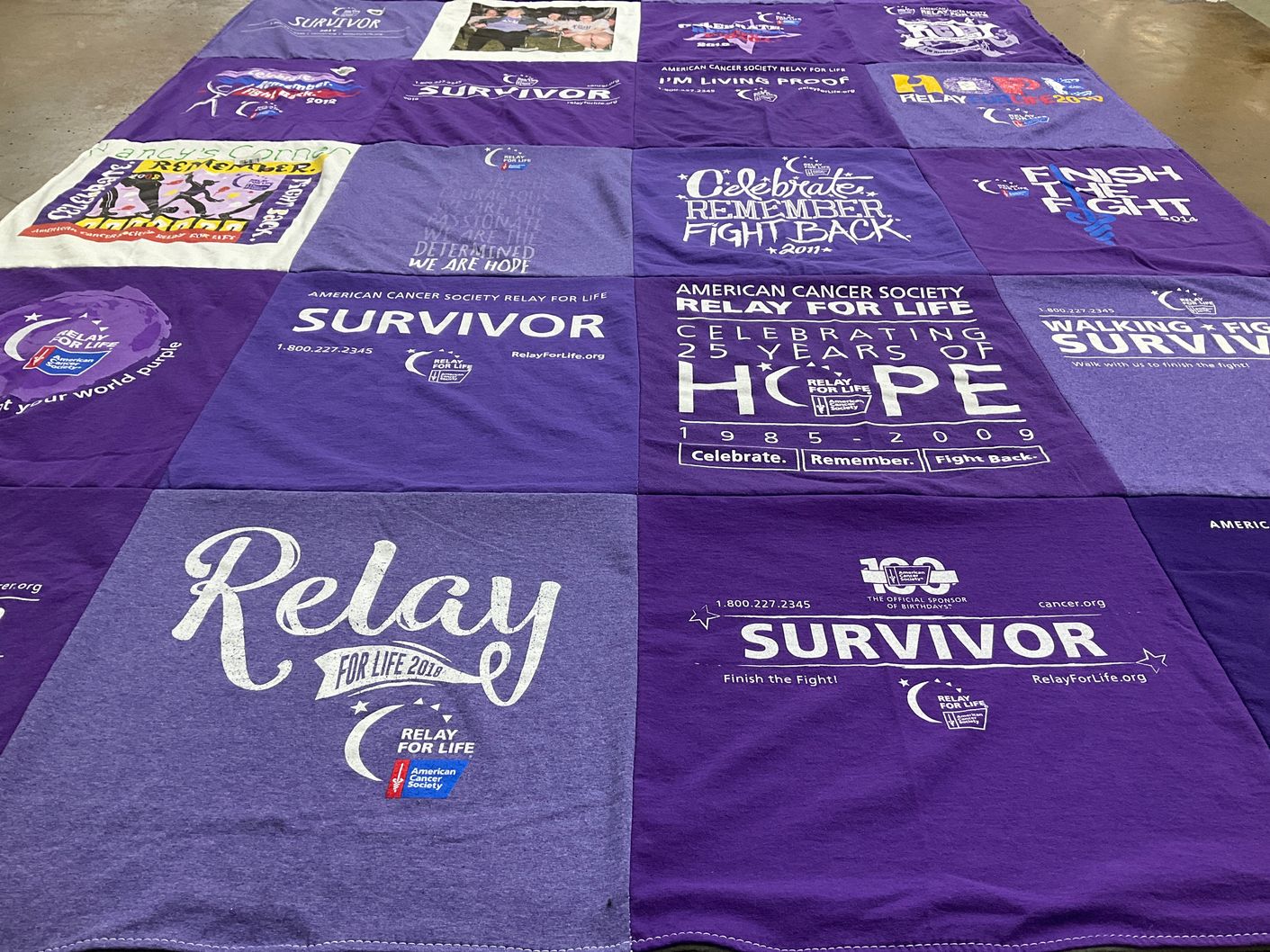 T-shirt quilt with cancer awareness, support themes by Judy from NY