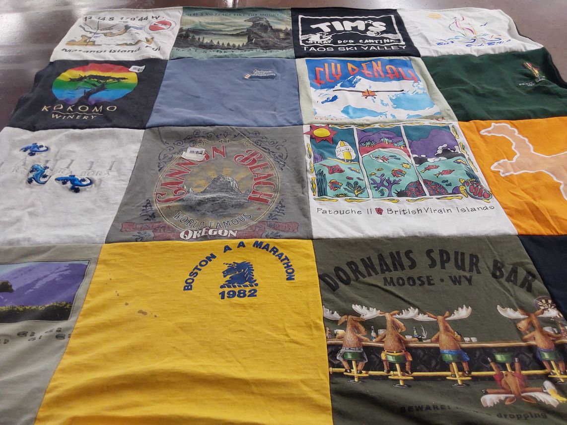 T-shirt quilt with travel, wine themes by Teresa from UT