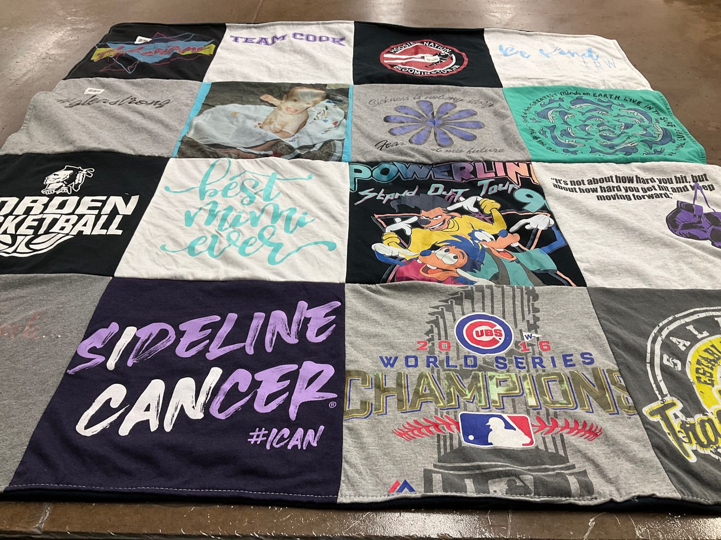 T-shirt quilt with basketball, cancer awareness themes by Jessica from IN