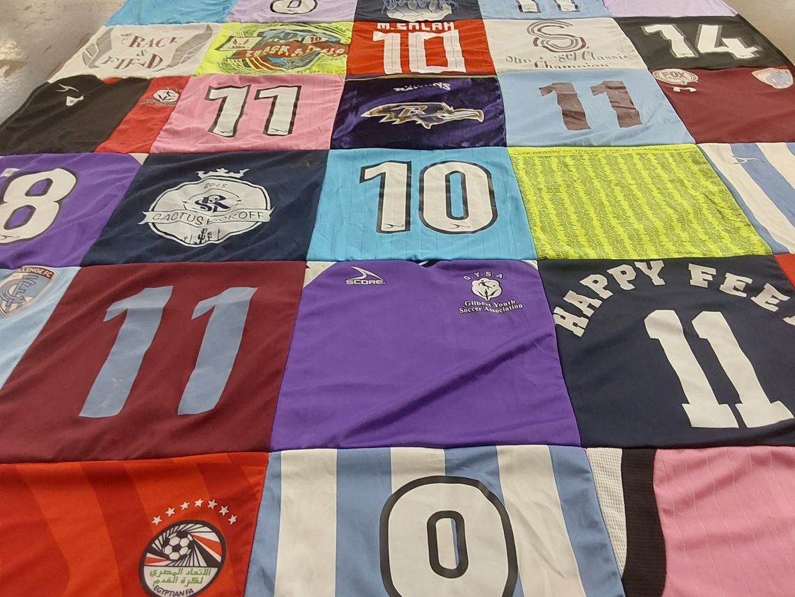 T-shirt quilt with soccer, sports themes by Stevie from AZ
