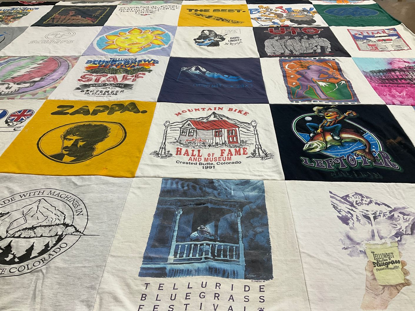 T-shirt quilt with music, bluegrass themes by Rob from CO