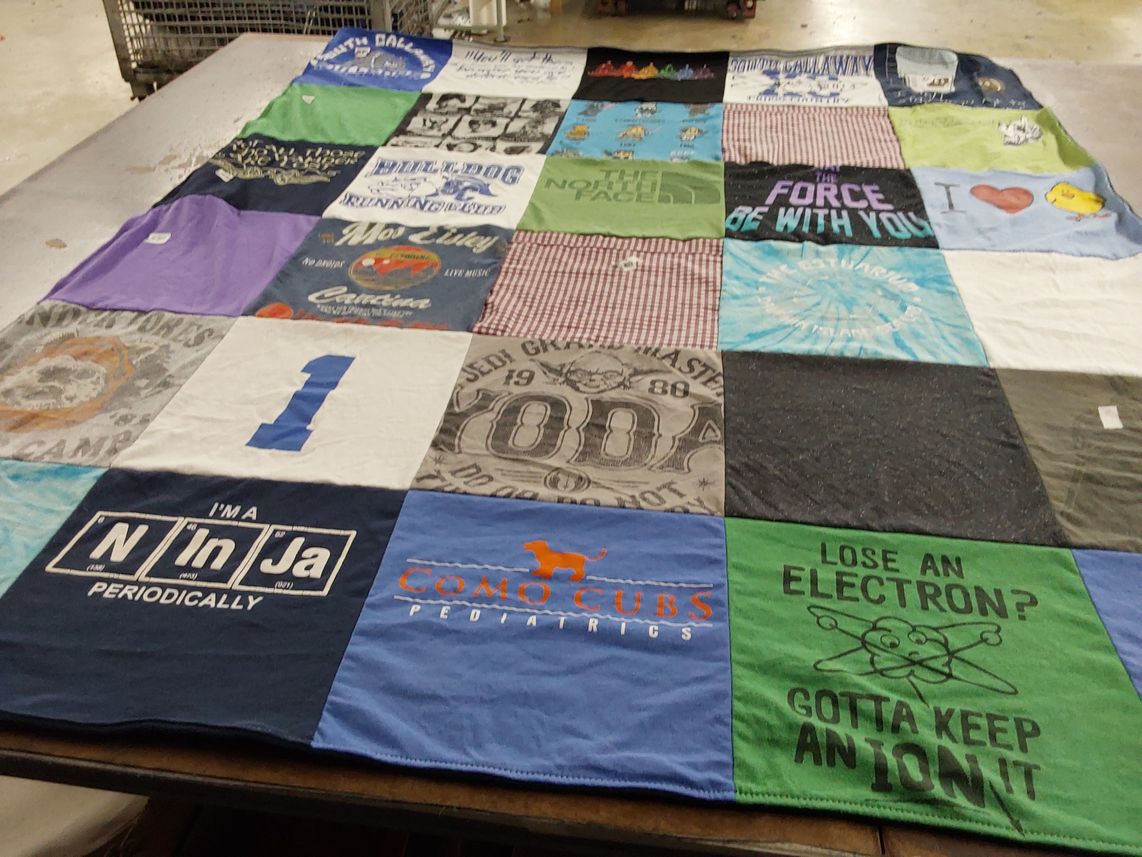 T-shirt quilt with science, sports themes by Tiffany from MO
