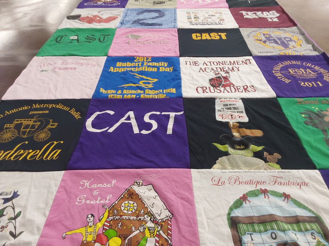 T-shirt quilt with theater, ballet themes by Laura from TX