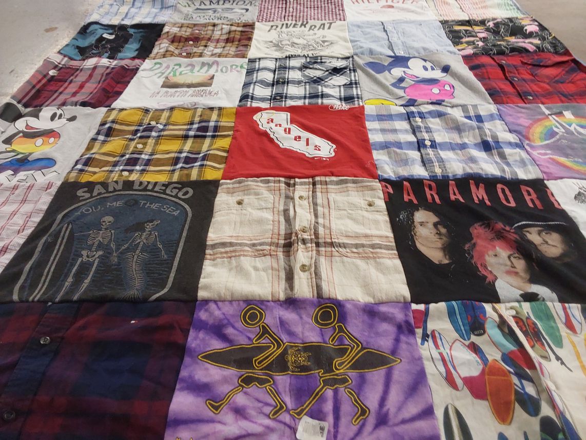 T-shirt quilt with music, surfing themes by April from CA
