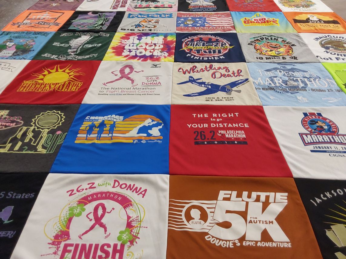 T-shirt quilt with running, marathons themes by Becky from FL