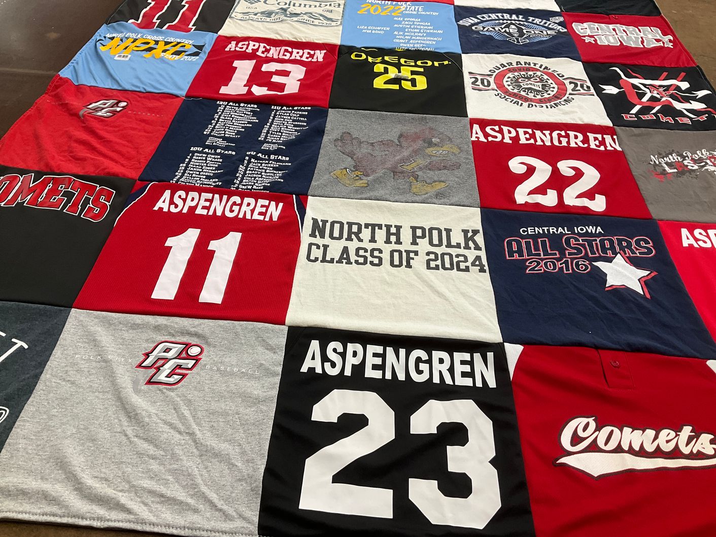 T-shirt quilt featuring comets by Sarah from IA