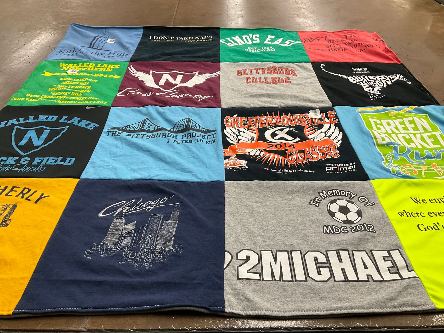T-shirt quilt from walled lake high school, gettysburg college by Robin from IN
