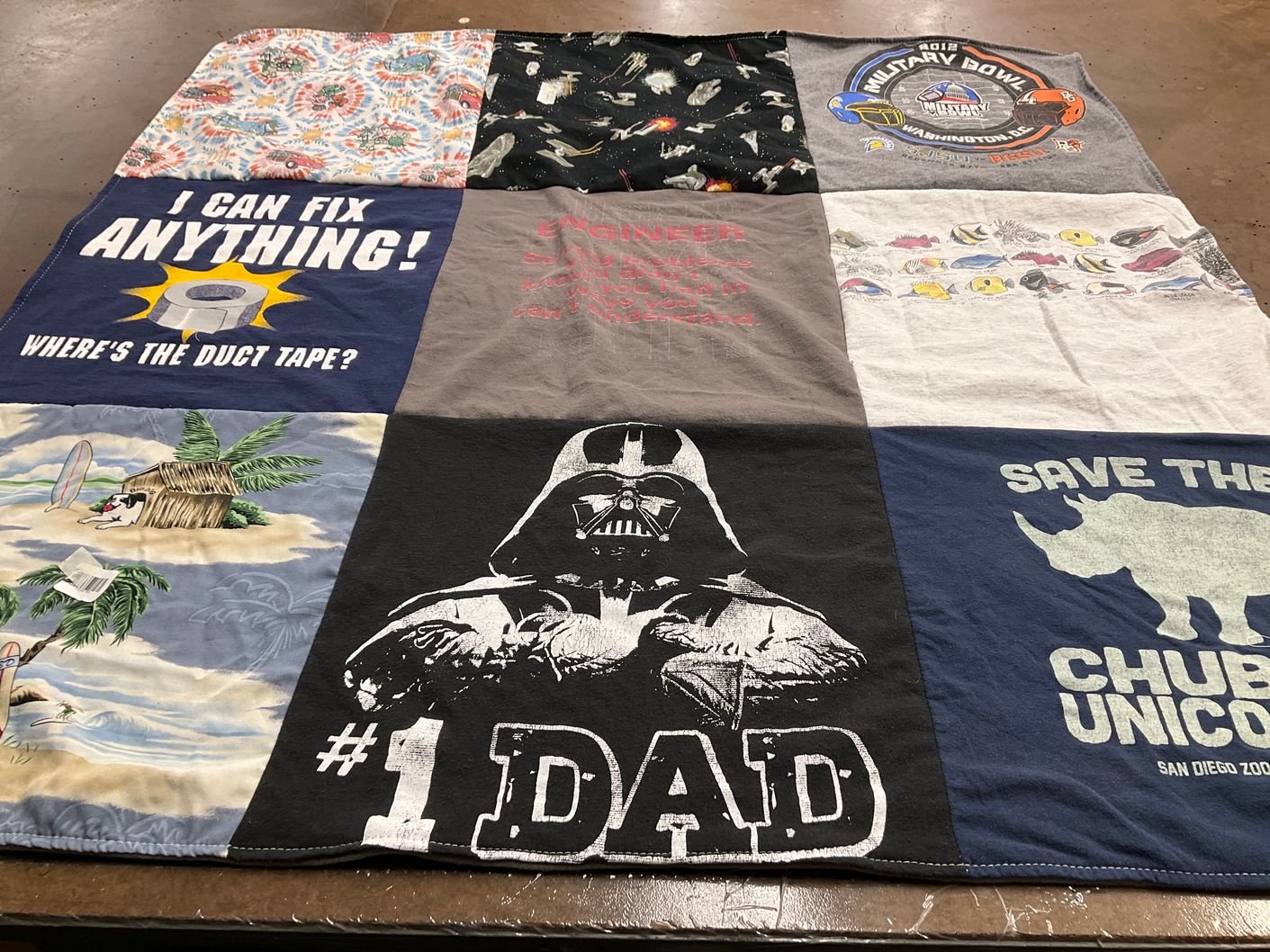 T-shirt quilt with dad, engineering themes by Brenda from CA