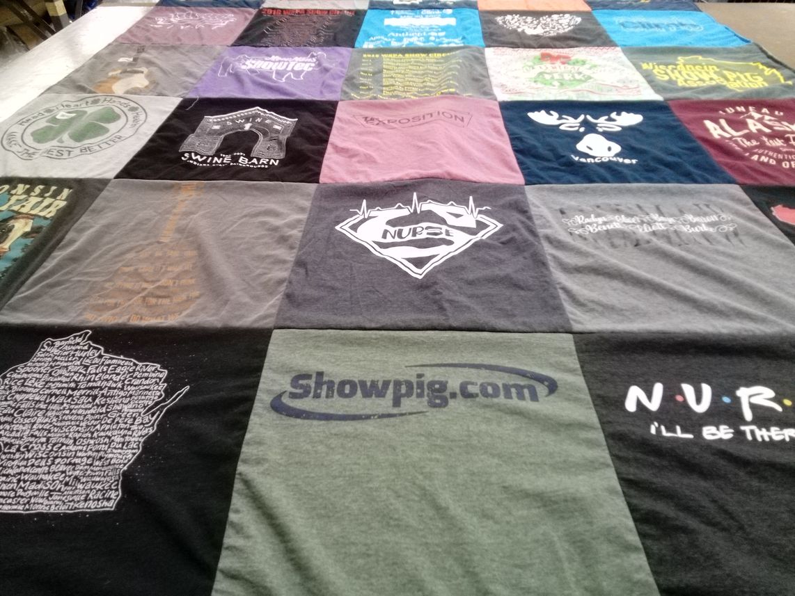 T-shirt quilt with farming, shows themes by Jean from WI