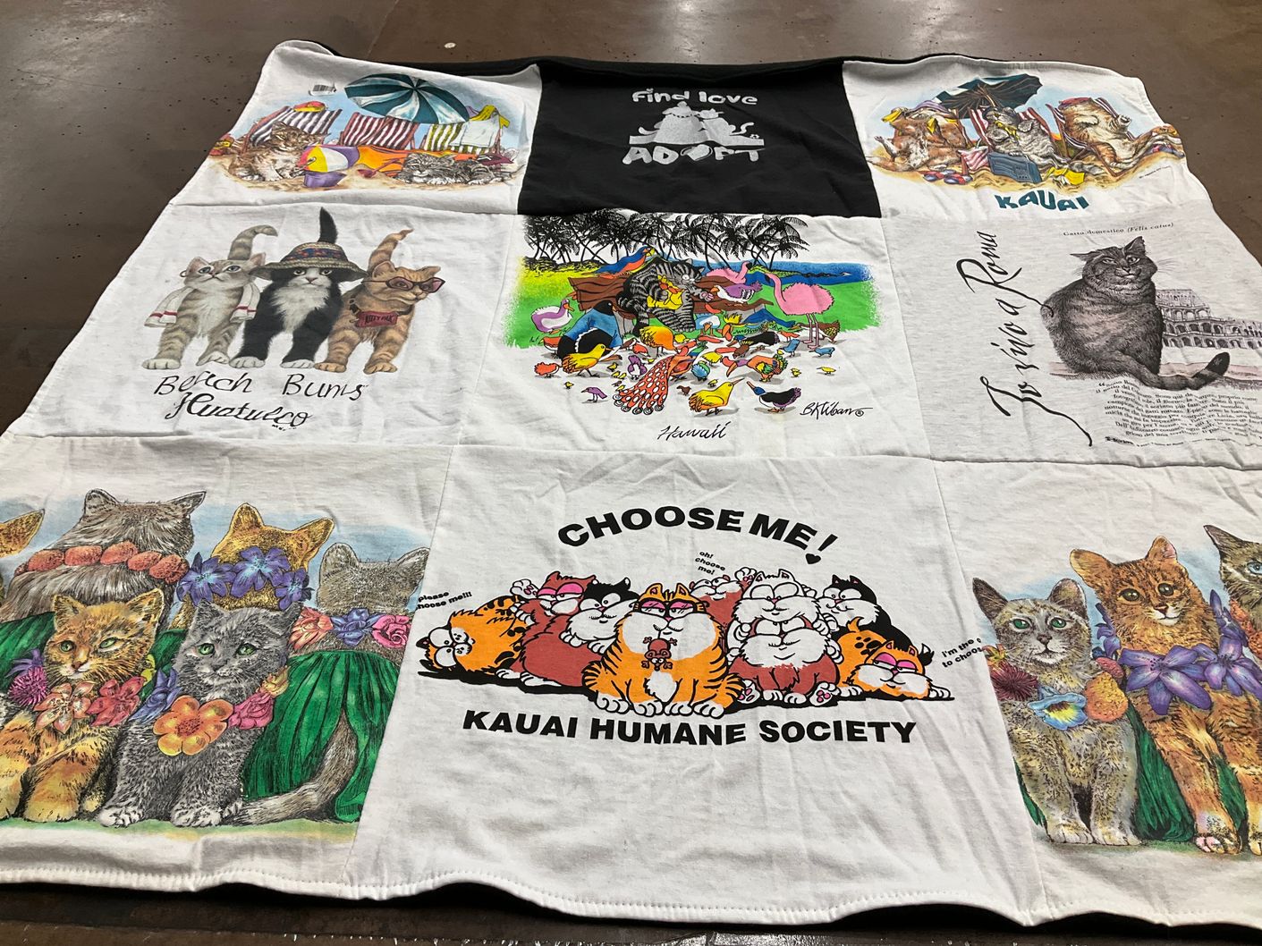 T-shirt quilt with cats, animal welfare themes by Anne from CA