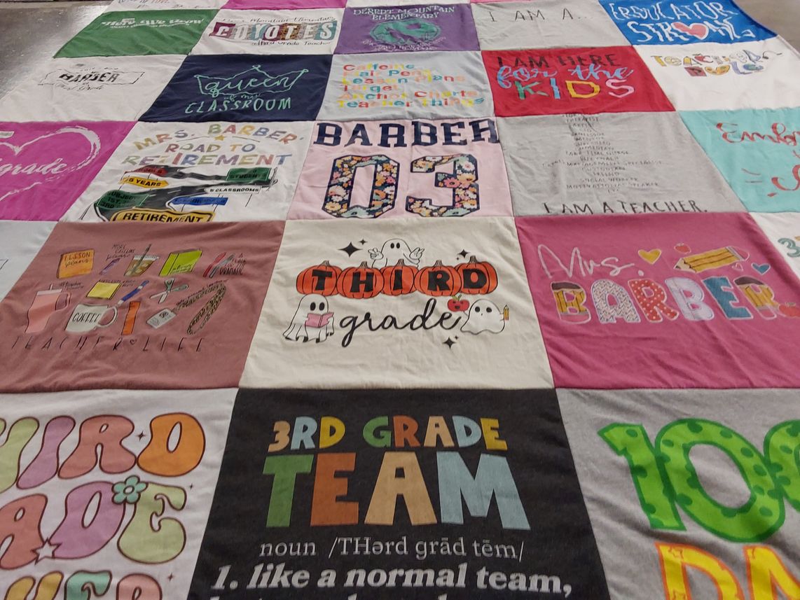 T-shirt quilt with education, teaching themes by Kristin from VA