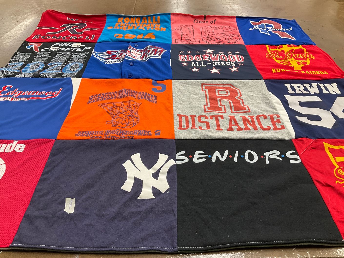 T-shirt quilt from roncalli high school, edgewood high school by Laurie from IN