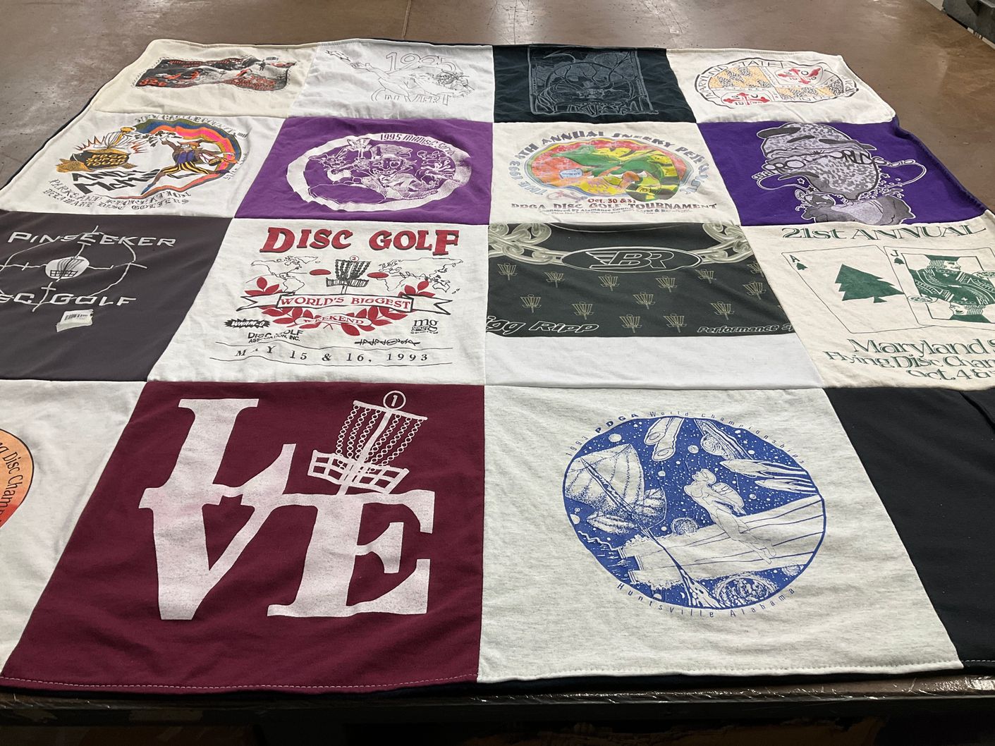 T-shirt quilt with disc golf themes by Barb from MD