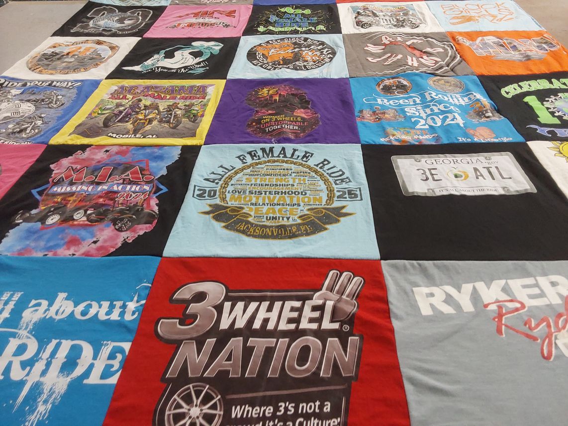 T-shirt quilt with motorcycles, female empowerment themes by Hope from GA
