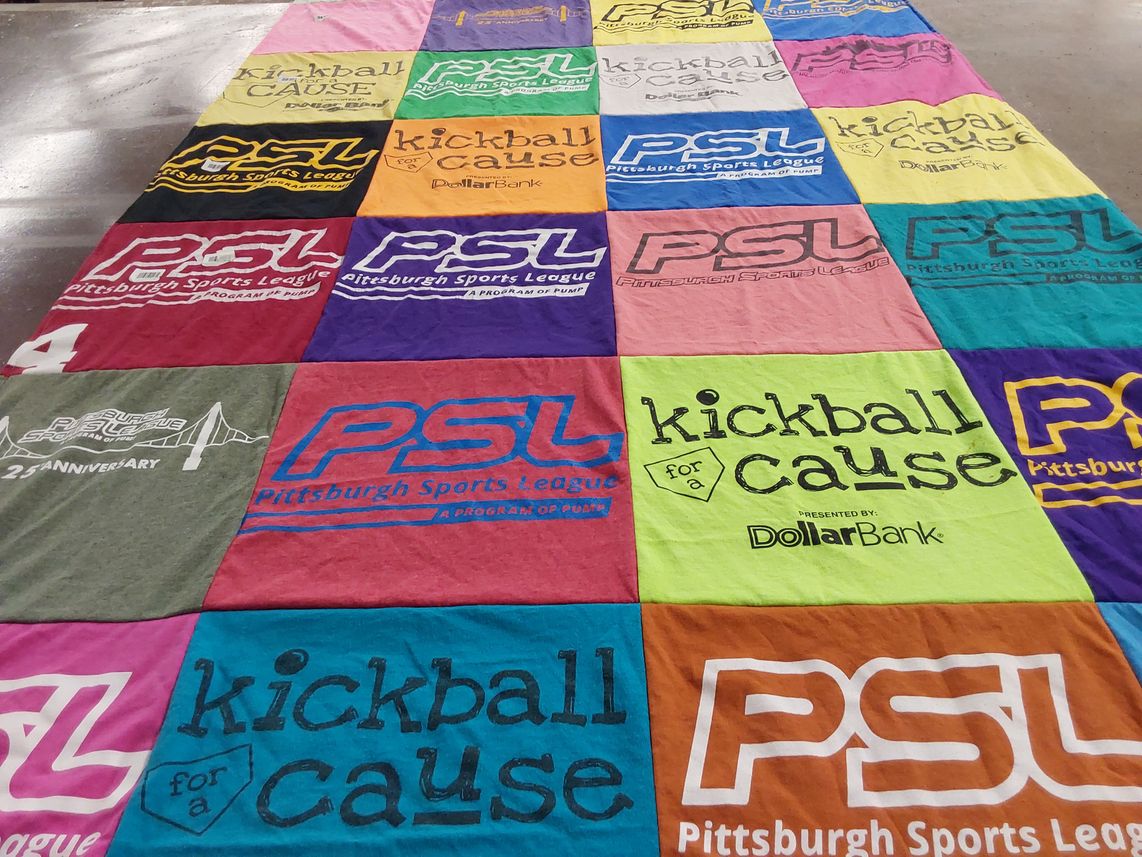 T-shirt quilt with kickball, sports themes by Allison from PA