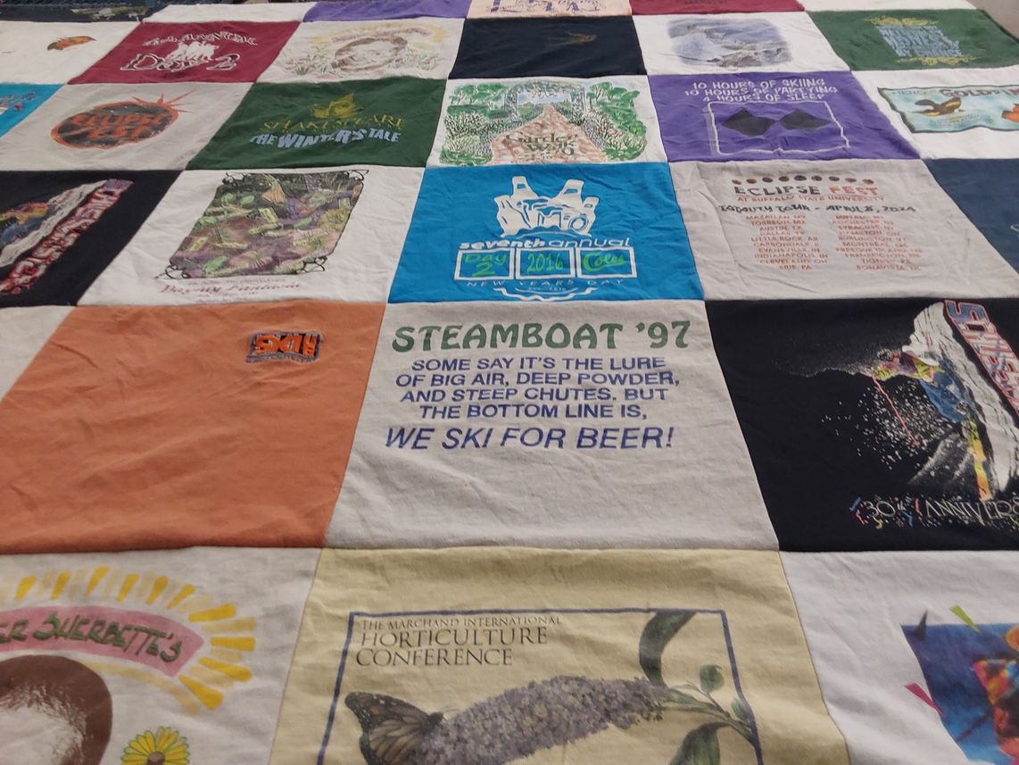 T-shirt quilt with skiing, horticulture themes by GORDON from NY