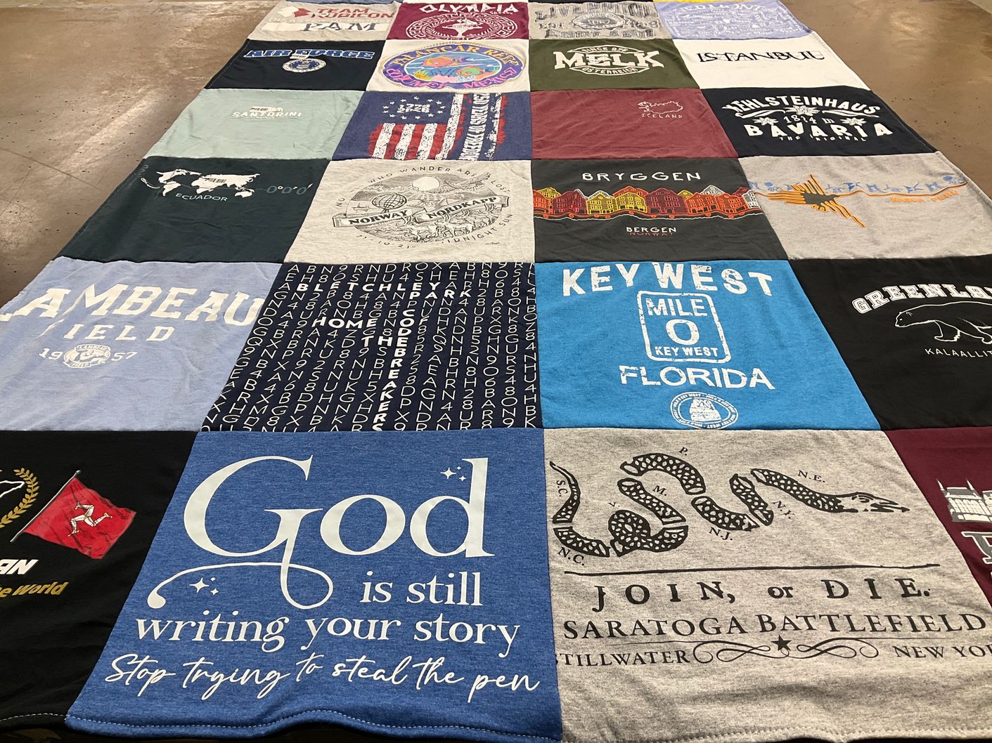 T-shirt quilt with travel, religion themes by Pam from TN
