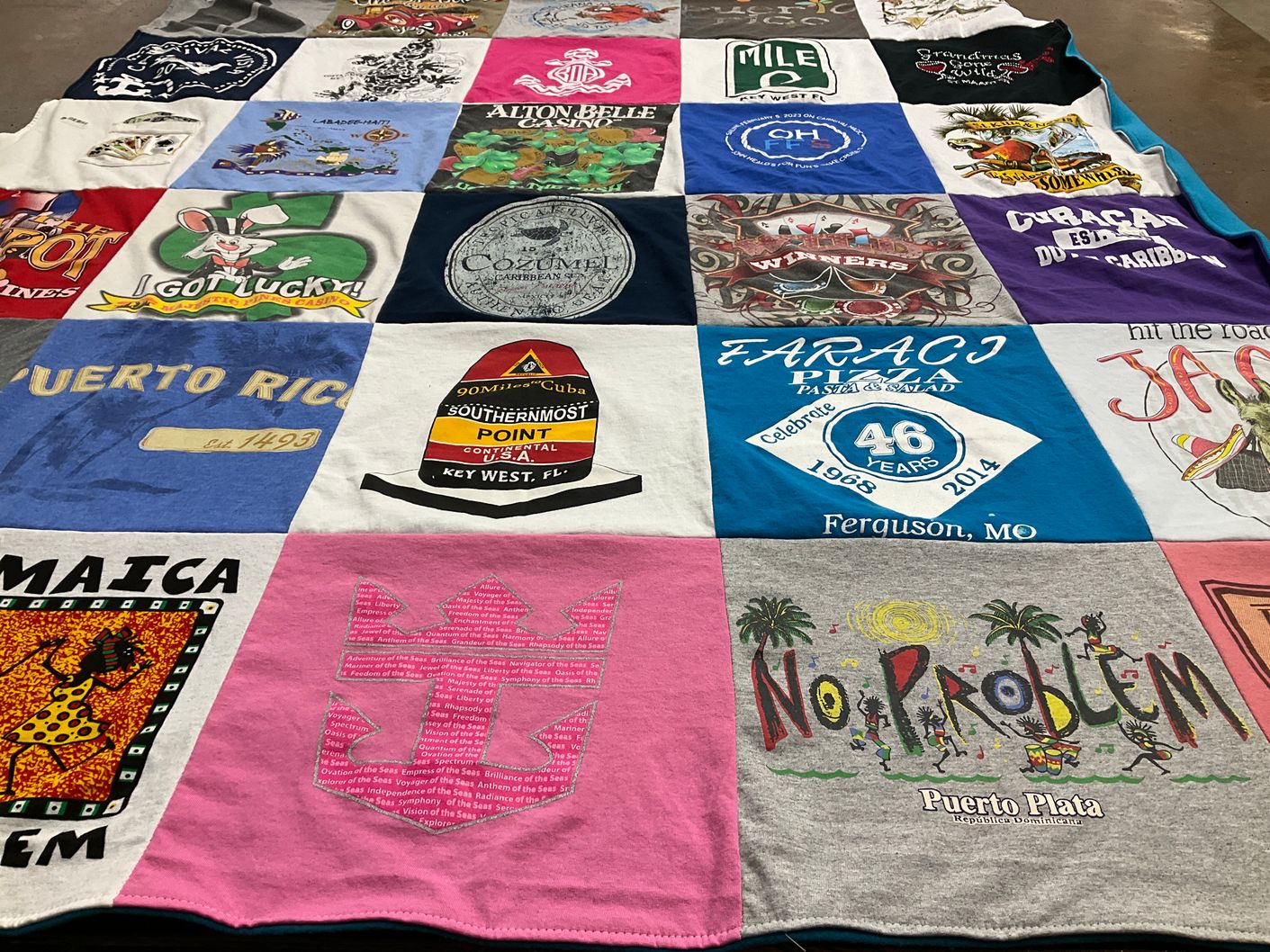 T-shirt quilt with travel, vacation themes by BARBARA from SC